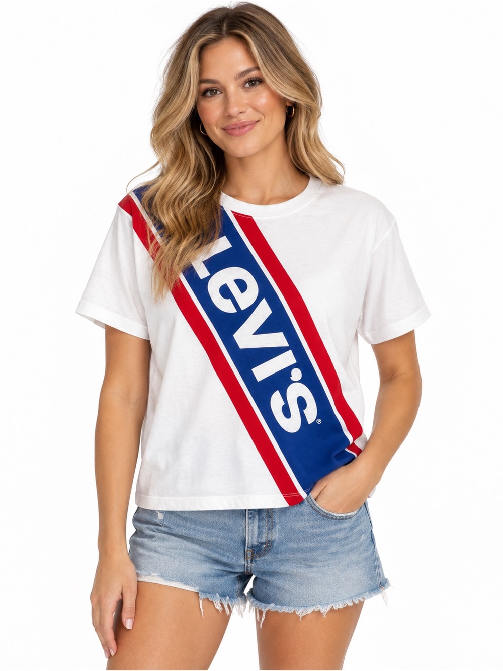 Levi's White Crop Tee with Blue and Red Diagonal Logo